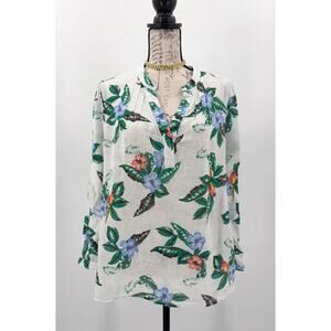 B2‎ Old Navy Floral Tropical Linen Blend Shirt Blouse Womens Large Gauzy V neck